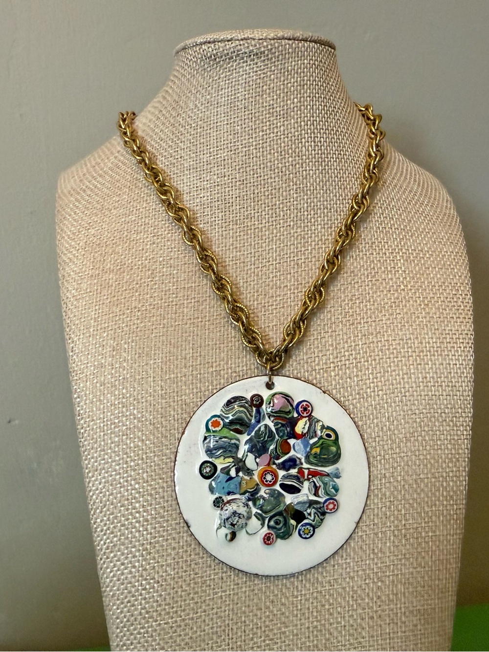 Vintage Handcrafted Multicolor Enamel Disc Pendant Necklace - Gold Chain